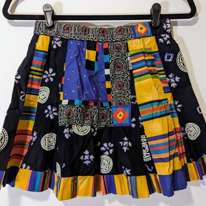 Vintage 1990s Y2K Black with Colorful Abstract Patchwork A Line Skirt with Elastic Waist and Back Zipper by Marcia Size 8, Funky Mini Skirt
