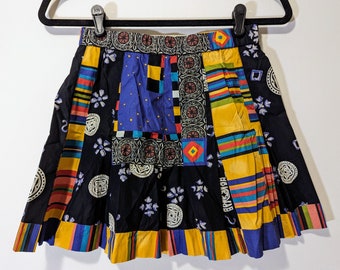 Vintage 1990s Y2K Black with Colorful Abstract Patchwork A Line Skirt with Elastic Waist and Back Zipper by Marcia Size 8, Funky Mini Skirt