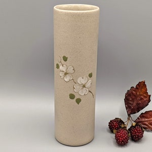 Vintage Earthenware Cylinder Vase with White Dogwood Flowers by Pigeon Forge Pottery, Vintage American Studio Art Pottery, Dogwood Decor