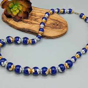 Vintage 1980s Navy Blue Plastic Silver Gold Metal Beaded Statement Necklace, Vintage 1980s Chunky Beaded Necklace, Retro Mod Costume Jewelry