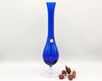 Vintage Cobalt Blue with Clear Pedestal Lead Crystal Glass Art Vase Cristallo Al Piombo 24% Pbo, Vintage Colorful Italian Art Glass Decor