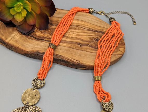 Vintage Hammered Brass and Multi Strand Orange Gl… - image 4