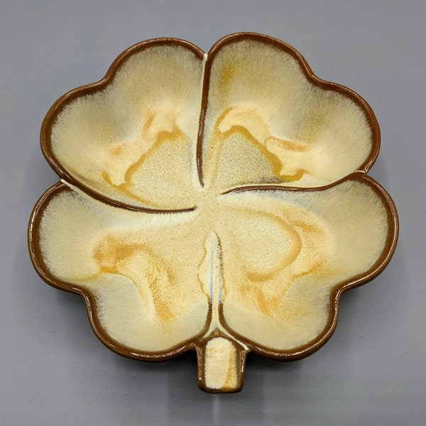 Vintage Frankoma 223 Cream Brown Four Leaf Clover Shamrock Shaped Ceramic Bowl Dish, Vintage Cream Brown Frankoma Pottery, Shamrock Decor