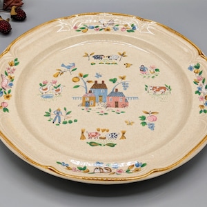 Vintage Pastoral Farm Scene Stoneware Serving Plate Platter Charger by International Heartland JAPAN, Vintage Rustic Farm Country Home Decor