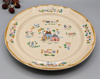 Vintage Pastoral Farm Scene Stoneware Serving Plate Platter Charger by International Heartland JAPAN, Vintage Rustic Farm Country Home Decor