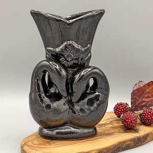 Vintage Black Swan Pair Ceramic Flower Vase, Vintage Swan Bird Pottery, Mid Century Swan Vase, Vintage Swan Bird Decor, Swan Lover Gift