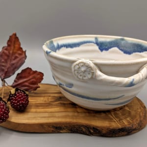 1999 White Blue Swirled Ceramic Art Pottery Handled Bowl with Floral Twisted Loop Handle, Signed Art Pottery, White Blue Pottery Home Decor