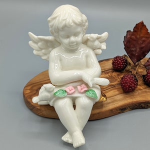 Vintage Ceramic Angel Cherub Sitting with Birds Feather Pink Roses Shelf Sitter Figurine Statue, Vintage Religious Decor, Angel Lover Gift