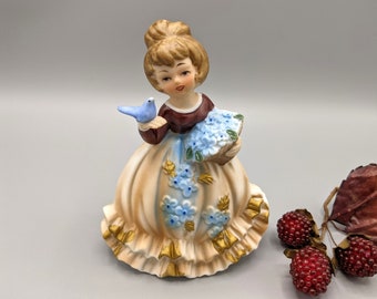 Vintage Lady in Brown Dress with Blue Bird and Flowers Porcelain Figurine Lefton Marika 5488, Mid Century Home Decor, Vintage Gift for Her