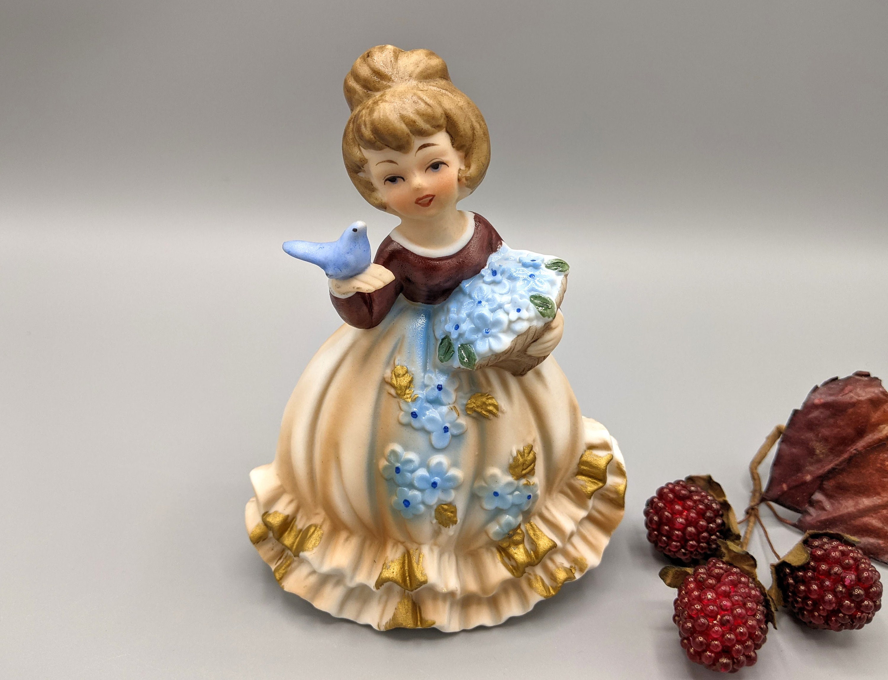 Vintage Lady in Brown Dress with Blue Bird and Flowers Porcelain Figurine Lefton Marika 5488, Mid Century Home Decor, Vintage Gift for Her