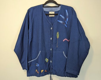 Camisa con botones y estampado botánico de tencel azul pintado a mano vintage, chaqueta con cordón ajustable en la cintura, talla mediana, de Play Alegre. Arte vintage para llevar.