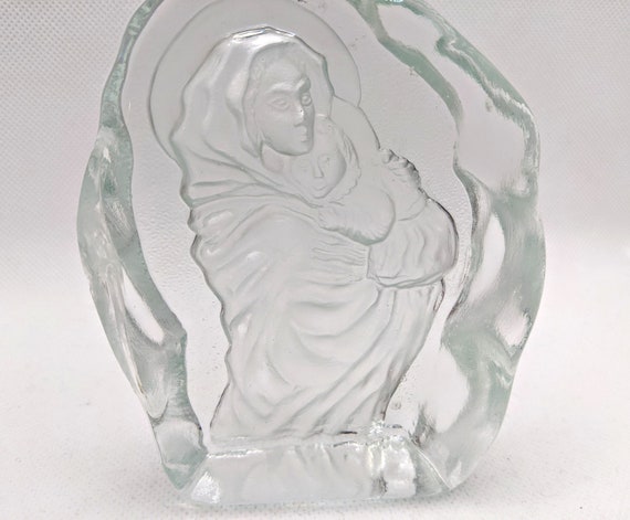 ヴィンテージの聖母マリアと幼子イエスの透明ガラスアート置物、聖母