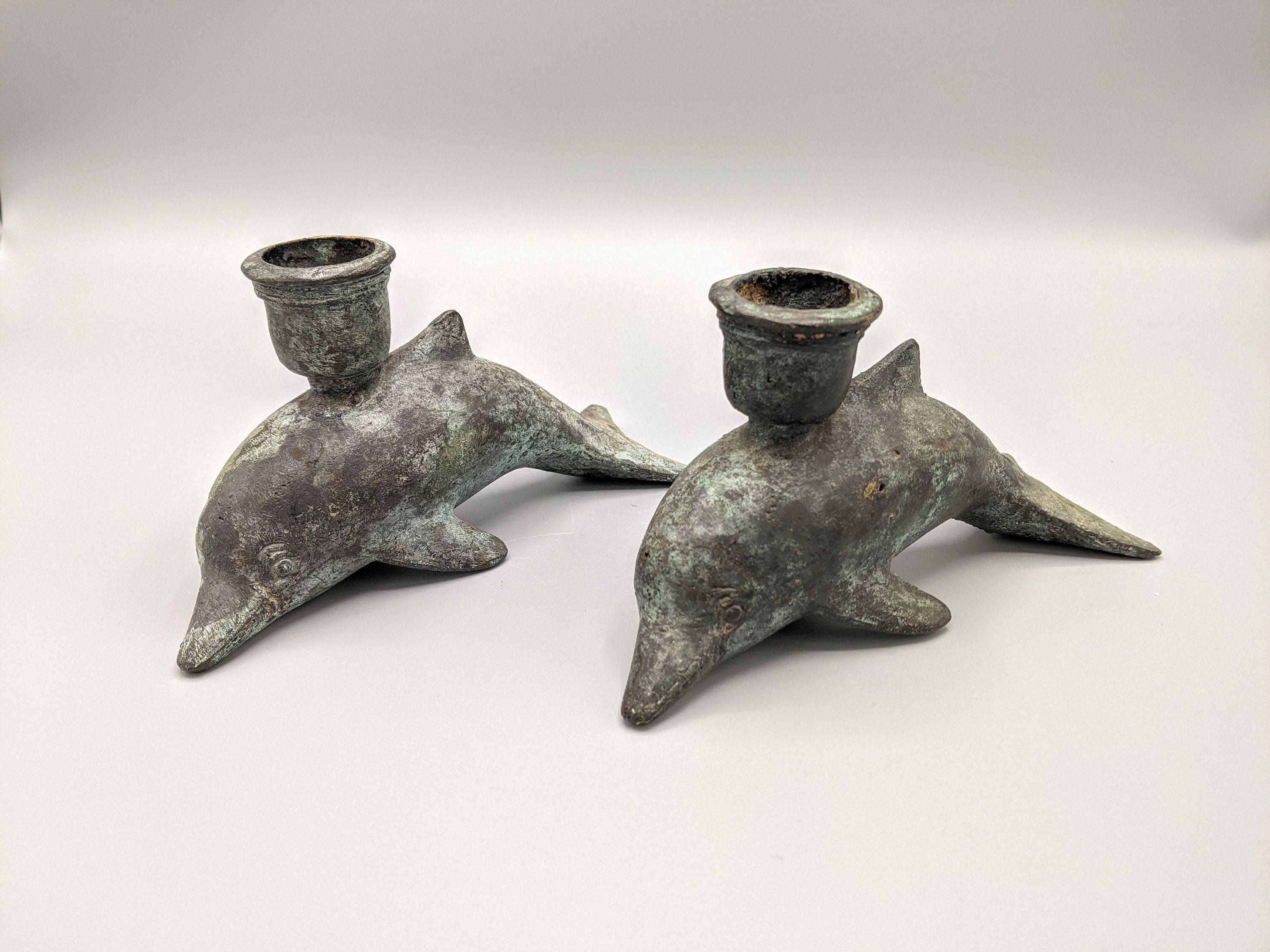 Vintage Verdigris Metal Dolphin Candlestick Holders, Vintage Metal Dolphin Art Statue Figurine, Dolphin Lover Gift, Ocean Beach Home Decor
