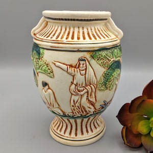 Vintage Hand Painted Handled Ceramic Urn Vase with Raised Grecian Motif Made in Japan, Vintage Mediterranean Home Decor, Vintage Greek Decor