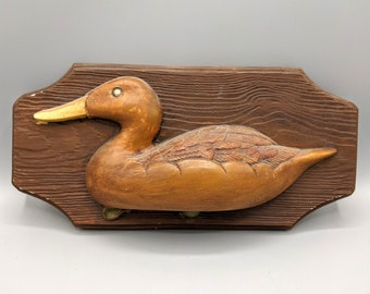 Vintage Hand Painted Duck Decoy on Faux Wood Plaster Wall Plaque, Vintage Father&#39;s Day Dad Gift, Retro Duck Gift, Vintage Man Cave Decor
