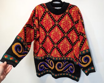 Vintage Red Gold Glitter Black Acrylic Pullover Sweater with Purple Green Accents Retro by Renaissance Size 42 L XL, Funky Colorful Sweater