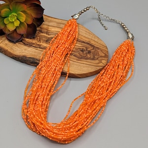 Vintage Bright Orange Multi Strand Glass Beaded Statement Necklace, Vintage Orange Seed Bead Necklace, Vintage Colorful Jewelry Gift for Her