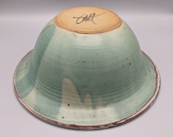 Vintage Blue Green Splash Art Pottery Serving Bowl Signed by Artist, Vintage Blue Green Stoneware Bowl, Vintage Signed American Art Pottery