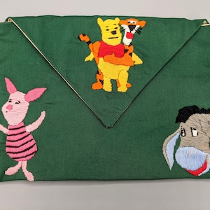 Vintage Handmade Winnie the Pooh Green Envelope Purse Clutch Bag with Hand Embroidered Piglet Pooh Tigger Eeyore and Beige Satin Lining