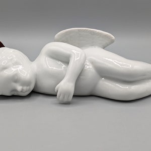 Vintage White Ceramic Angel Cherub Reclining on Side Figurine Statue, Vintage Winged Angel Religious Home Decor, Ceramic Angel Sculpture