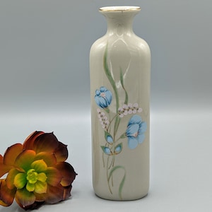 Vintage Blue Tulip and Pink Lily of the Valley Flowers Ceramic Oval Floral Bud Vase with Metallic Gold Fluted Rim, Vintage Mom Gift for Her