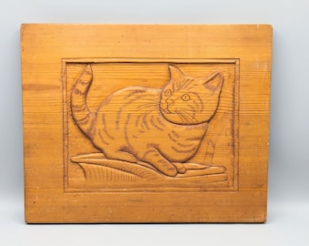 Vintage Hand Carved Wood Tabby Cat Wall Art Plaque, Vintage Handmade Cat Wall Art Decor, Tabby Cat Lover Gift, Orange Tabby Cat Folk Art