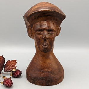 Vintage Hand Carved Wood Head Bust of Person Unusual Folk Art, Vintage Outsider Art, Hand Carved Wood Sculpture Decor, Unique Wood Art Gift