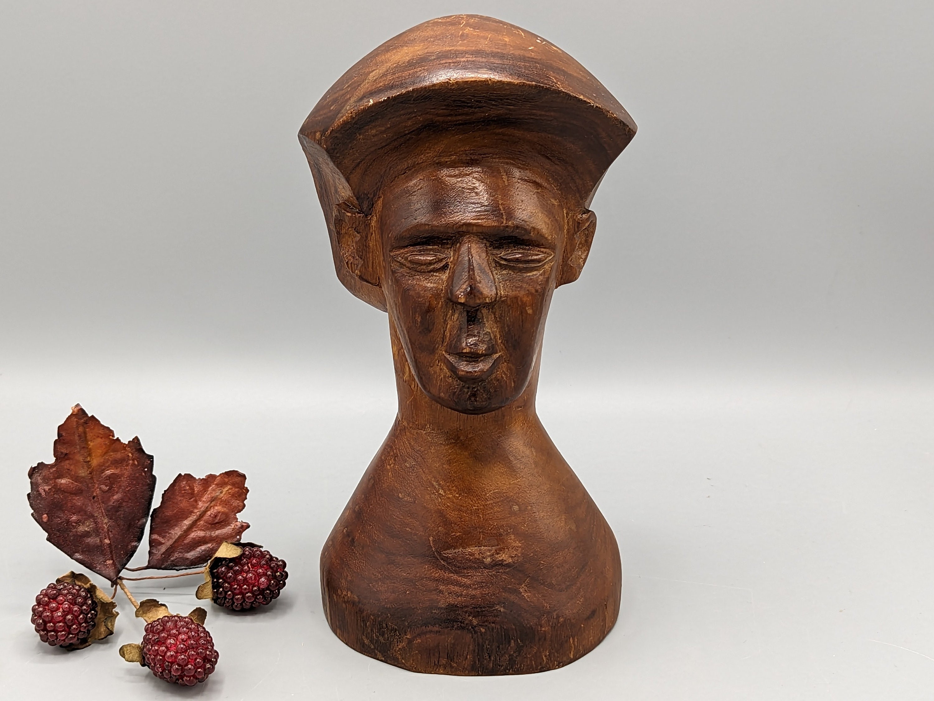 Vintage Hand Carved Wood Head Bust of Person Unusual Folk Art, Vintage Outsider Art, Hand Carved Wood Sculpture Decor, Unique Wood Art Gift