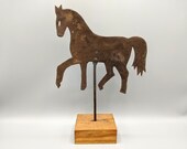 Vintage Tin Metal Horse Weathervane on Wood Pedestal Sculpture Made in Haiti, Vintage Haiti Metal Art, Rustic Country Farm Horse Home Decor