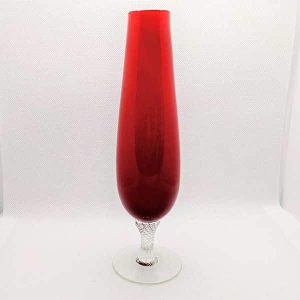 Vintage Red Glass Bud Vase on Clear Twisted Pedestal, Vintage Red Glass Pedestal Vase, Vintage Colorful Glass Decor, Vintage Gift for Her