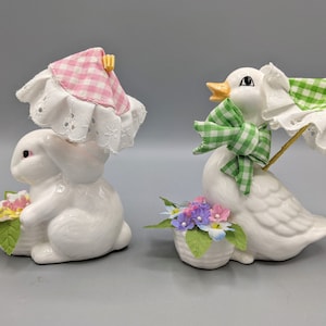 Vintage White Easter Bunny Goose Ceramic Figurine Pair with Flower Baskets and Pink Green Gingham Fabric Parasols, Vintage Easter Home Decor