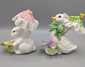 Vintage White Easter Bunny Goose Ceramic Figurine Pair with Flower Baskets and Pink Green Gingham Fabric Parasols, Vintage Easter Home Decor