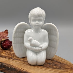 Vintage White Ceramic Angel Cherub Cradling Bird Figurine Statue, Vintage Winged Angel Religious Christmas Decor, Vintage Angel Lover Gift
