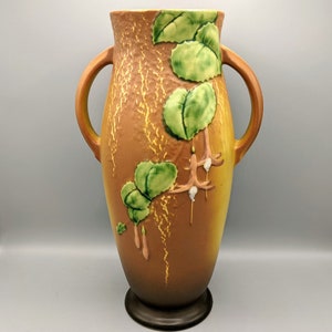 1930s Roseville Pottery Fuchsia Brown Double Handled Amphora Vase, Vintage Roseville Art Pottery, Antique Flower Vase, Fuchsia Flower Decor