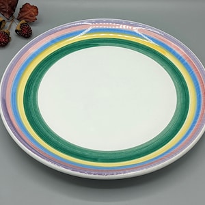 Vintage Caleca White Serving Dish Plate with Hand Painted Colorful Striped Rim Made in Italy, Vintage Italian Art Pottery Home Decor Gift