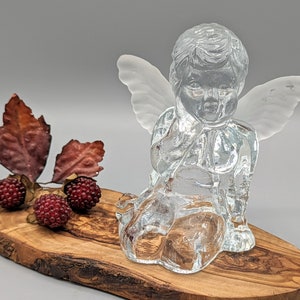 Vintage Clear Glass Winged Angel Cherub Candle Holder Figurine with Frosted Wings, Glass Angel Candlestick Holder, Vintage Religious Decor