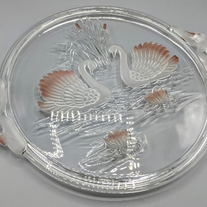 Vintage Clear and Pink Glass Swans Round Serving Platter with Frosted Swan Head Handles, Vintage Glass Swan Serving Dish Plate, Swan Decor
