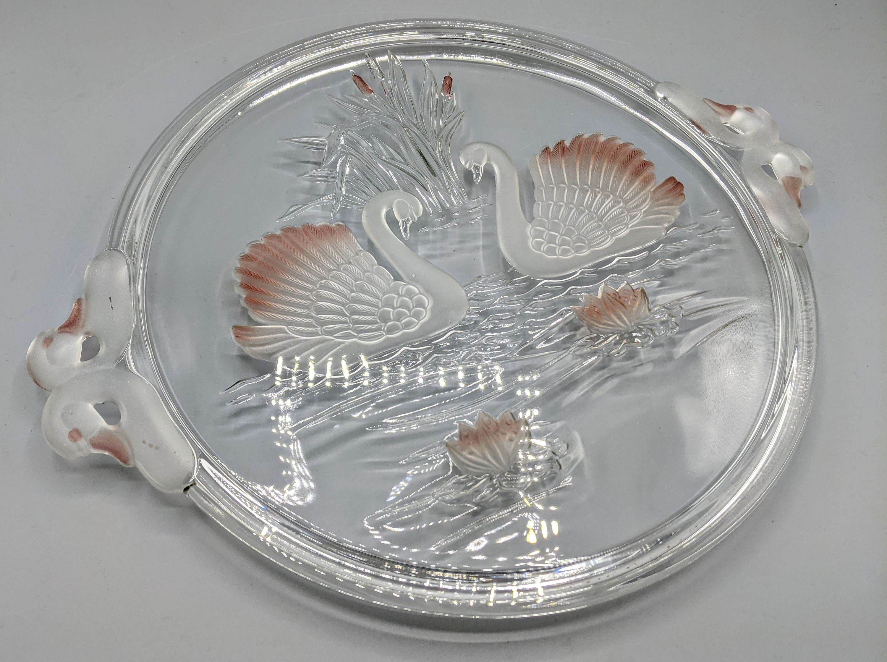 Vintage Clear and Pink Glass Swans Round Serving Platter