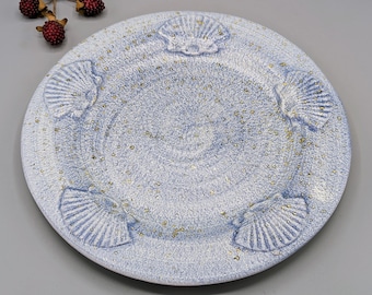 Vintage Blue Gold Speckle Ceramic Serving Dish Plate with Sea Shell Border Hand Painted in Italy, Vintage Italian Pottery, Ocean Beach Decor