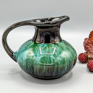 Vintage 1970s Black Ceramic Creamer Pitcher with Green Blue Drip Glaze by BMP Blue Mountain Pottery Canada, Mid Century Pottery Decor Gift