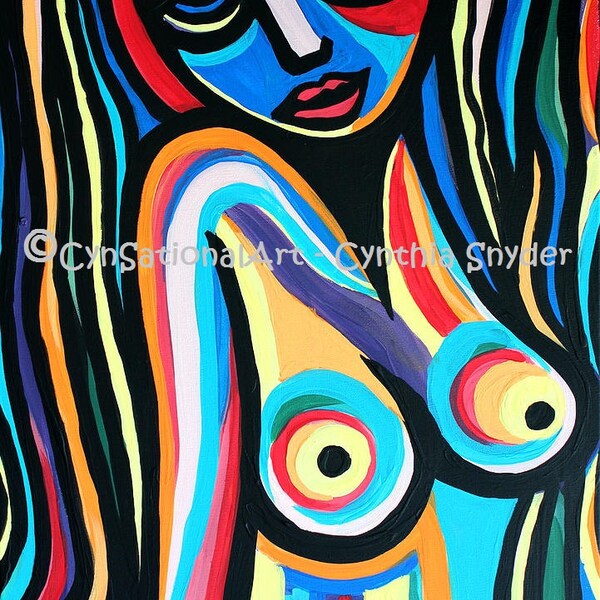 Colorful Art Print of Original Painting "Colorful Nude Lady"  5 x 7 or 8 x 10  Whimsical Woman  Face Eyes