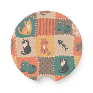 Patchwork Cats Soapstone Car Coaster | Autumn Tones Kittens Car Mat
