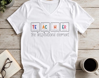 T-shirt à col en V avec éléments périodiques de l'enseignant | Chemise lettres élément scientifique
