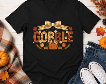 t-shirt de Thanksgiving avec noeud citrouille engloutie | chemise à col en V