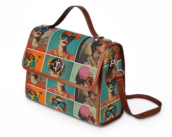 Sac en toile imperméable rétro Pop Art Portrait de femme | Sac à main coloré collage