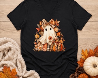 T-shirt à carreaux citrouille fantôme | Chemise Halloween d'automne à col en V