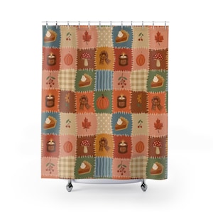 May include: A shower curtain featuring a patchwork design of autumn-themed squares. The pattern includes illustrations of pumpkin pie slices, lit candles, mushrooms, maple leaves, plaid scarves, cherries, and pumpkins in orange, brown, and blue.