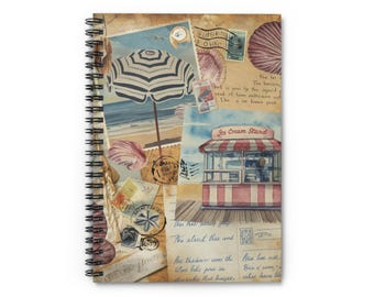 Vintage Beach Collage Spiral Notebook | Ruled Journal, Seashells & Ice Cream Stand