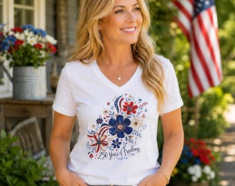 T-shirt à col en V, bouquet floral 250 ans de liberté | chemise patriotique, fleurs rouges bleues