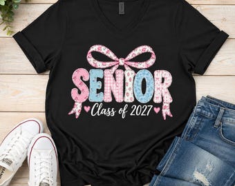 Senior Class of 2027 V Neck Tee | Pink Blue Ribbon Graduation shirt
